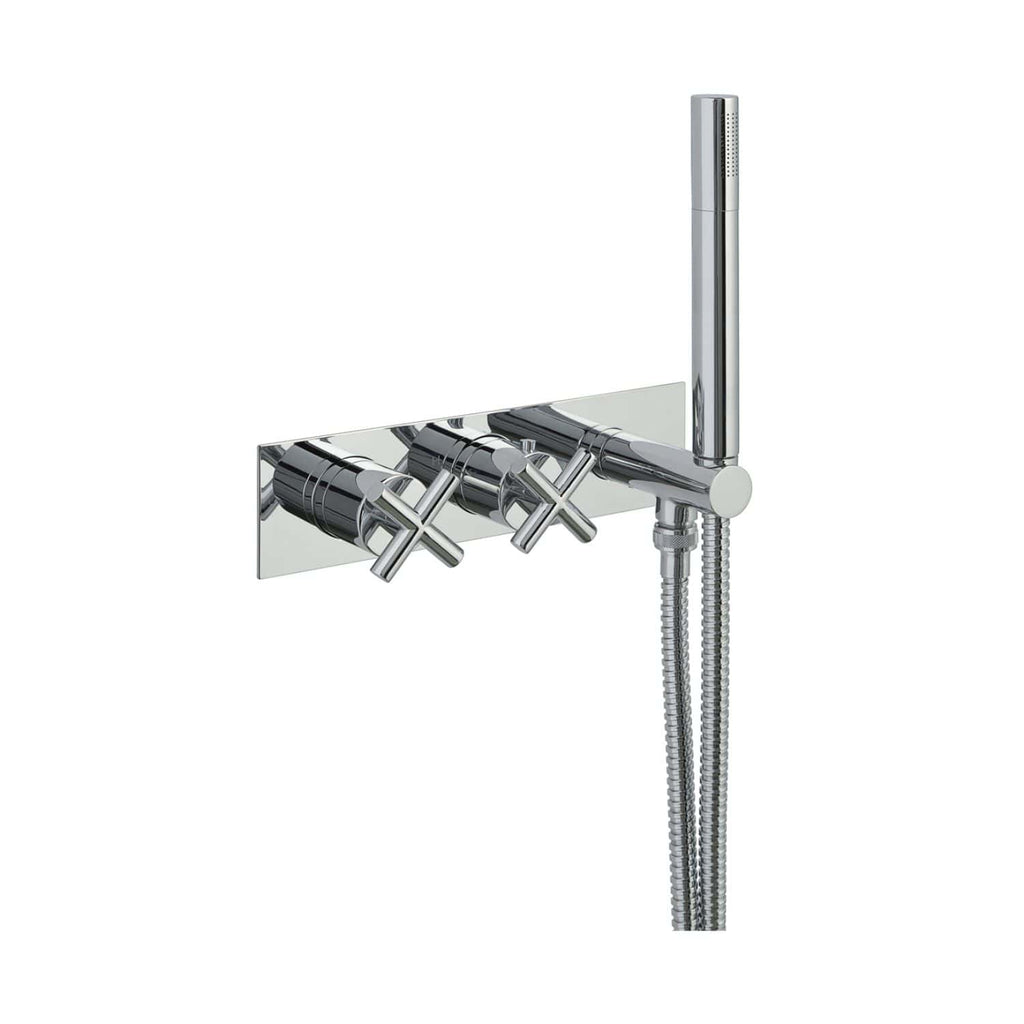 Chrome bathroom shower tap with hand shower and wall mount, modern and sleek design. Perfect for luxury bathroom upgrades or renovation projects. Durable chrome finish enhances style and longevity.