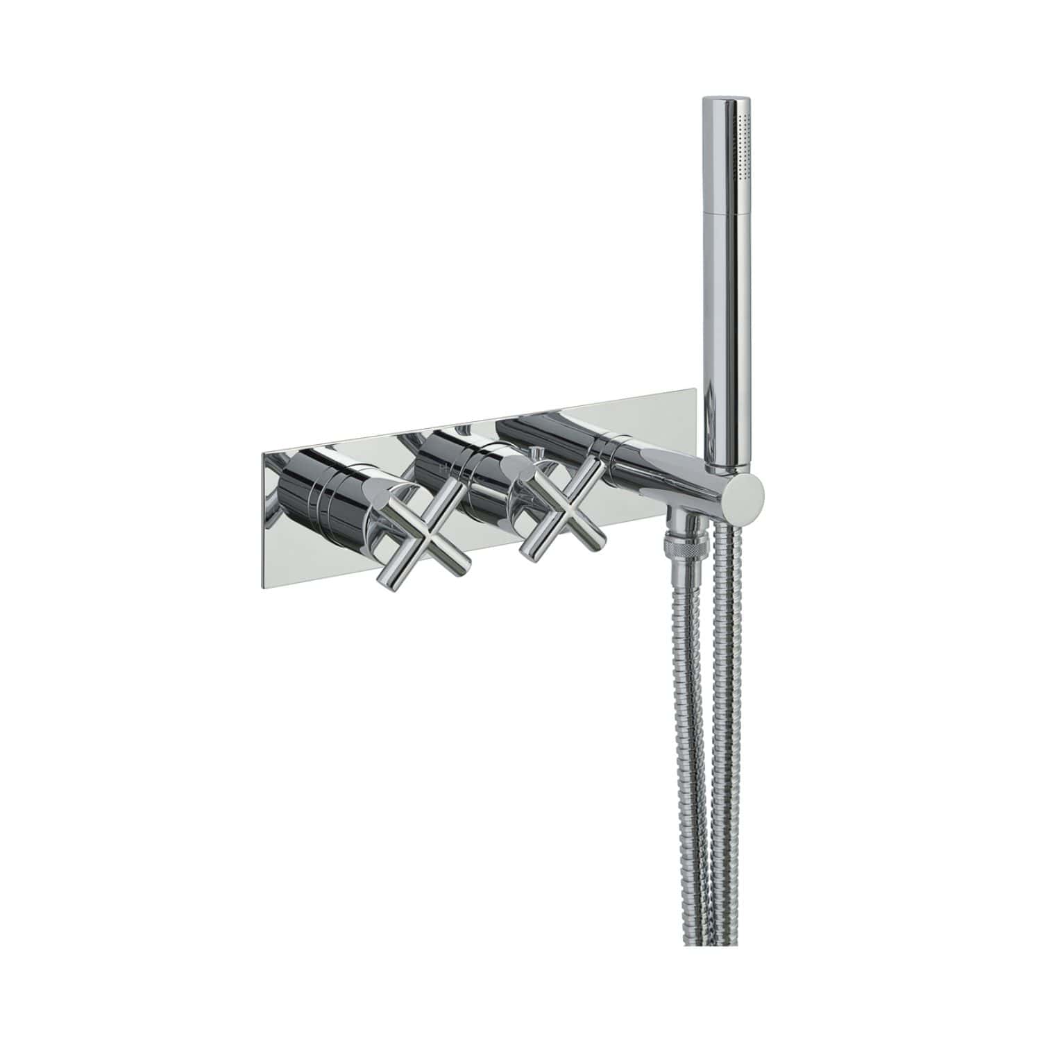 Chrome bathroom shower tap with hand shower and wall mount, modern and sleek design. Perfect for luxury bathroom upgrades or renovation projects. Durable chrome finish enhances style and longevity.