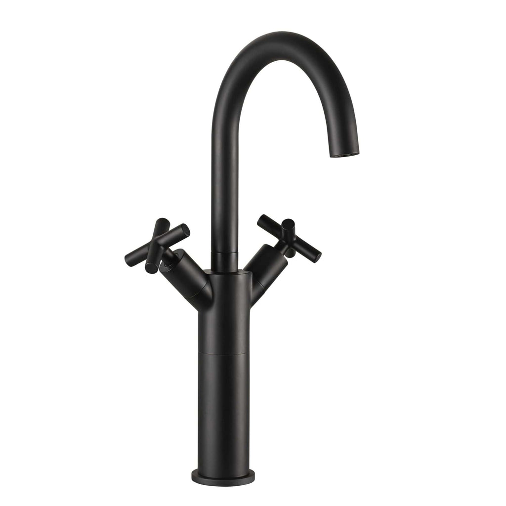 Matte black kitchen sink faucet with dual handles and high-arc spout, ideal for modern bathroom designs. Durable and stylish fixture enhances bathroom or kitchen plumbing aesthetics and functionality.