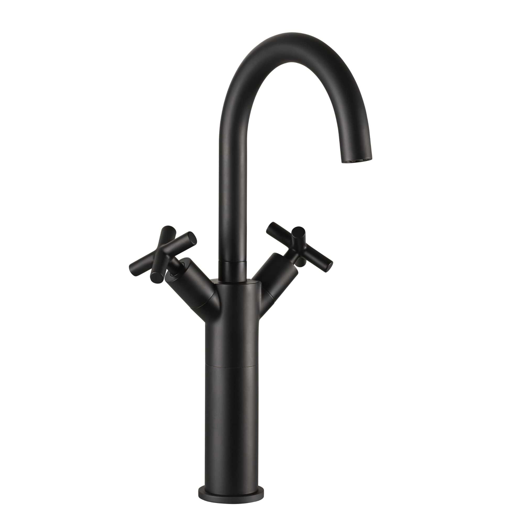 Matte black kitchen sink faucet with dual handles and high-arc spout, ideal for modern bathroom designs. Durable and stylish fixture enhances bathroom or kitchen plumbing aesthetics and functionality.