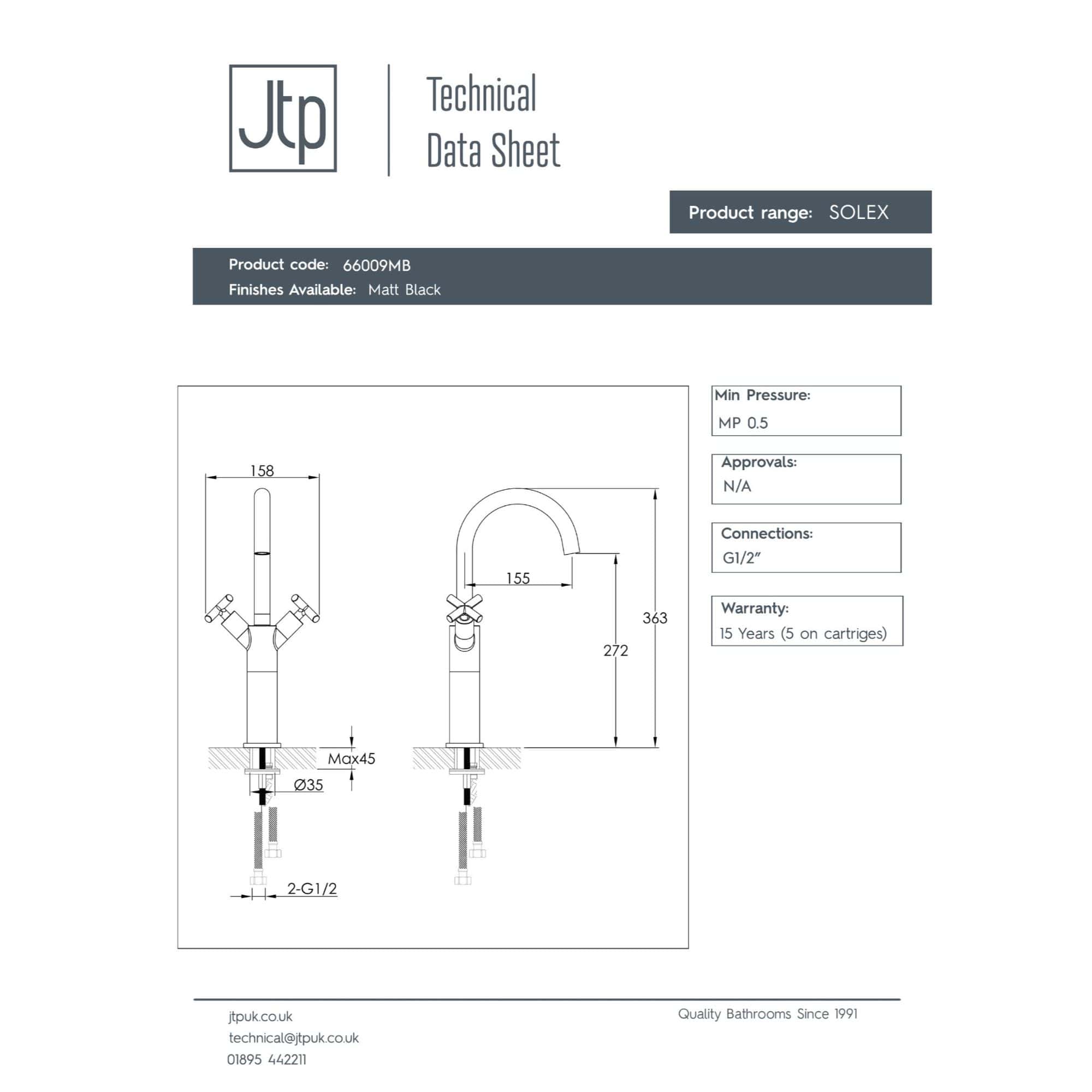 Sleek modern kitchen faucet with high arc spout and dual handles, ideal for contemporary kitchens, finished in matte black for a stylish look, with easy G1/2 connections.
