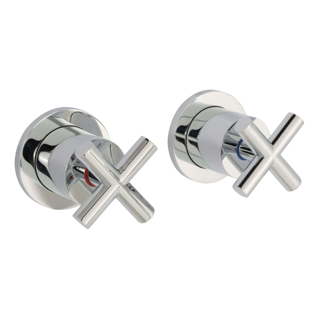 Polished chrome bathroom tap handles with cross-shaped design, modern bathroom fixture for water control, sleek and stylish tap controls for baths and sinks.