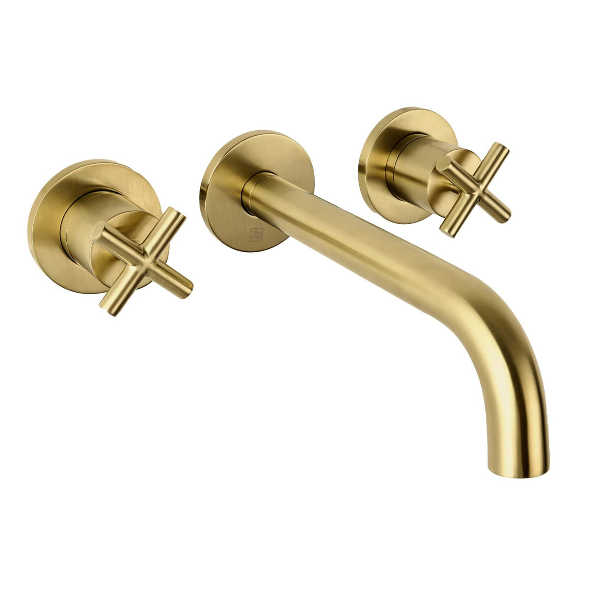 Luxurious gold wall-mounted bathroom tap with two cross handles, modern and elegant design, ideal for contemporary bathrooms, high-quality finish, and durable brass construction.