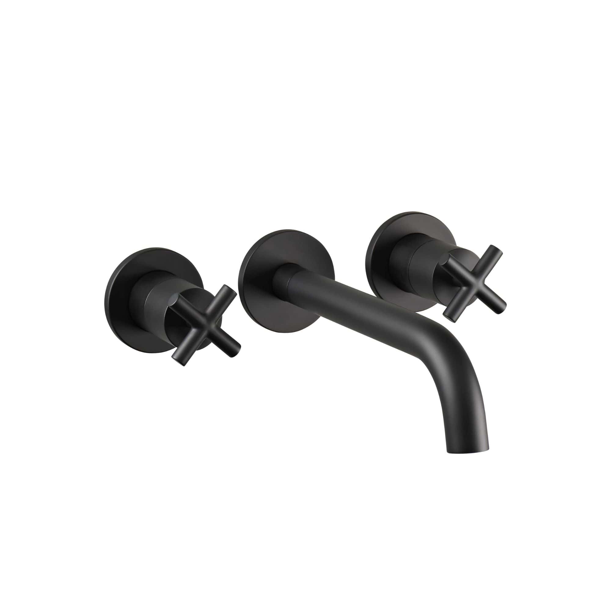 Matte black bathroom wall-mounted faucet with two cross handles and a curved spout, modern design for stylish bathroom sink or basin fixtures.