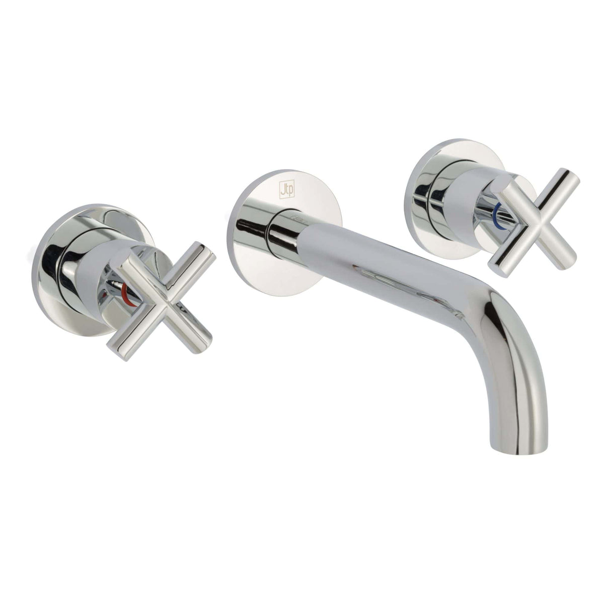 Chrome wall-mounted bathroom tap with dual cross handles for hot and cold water control. Modern design ideal for contemporary bathrooms, featuring a sleek finish and easy operation.