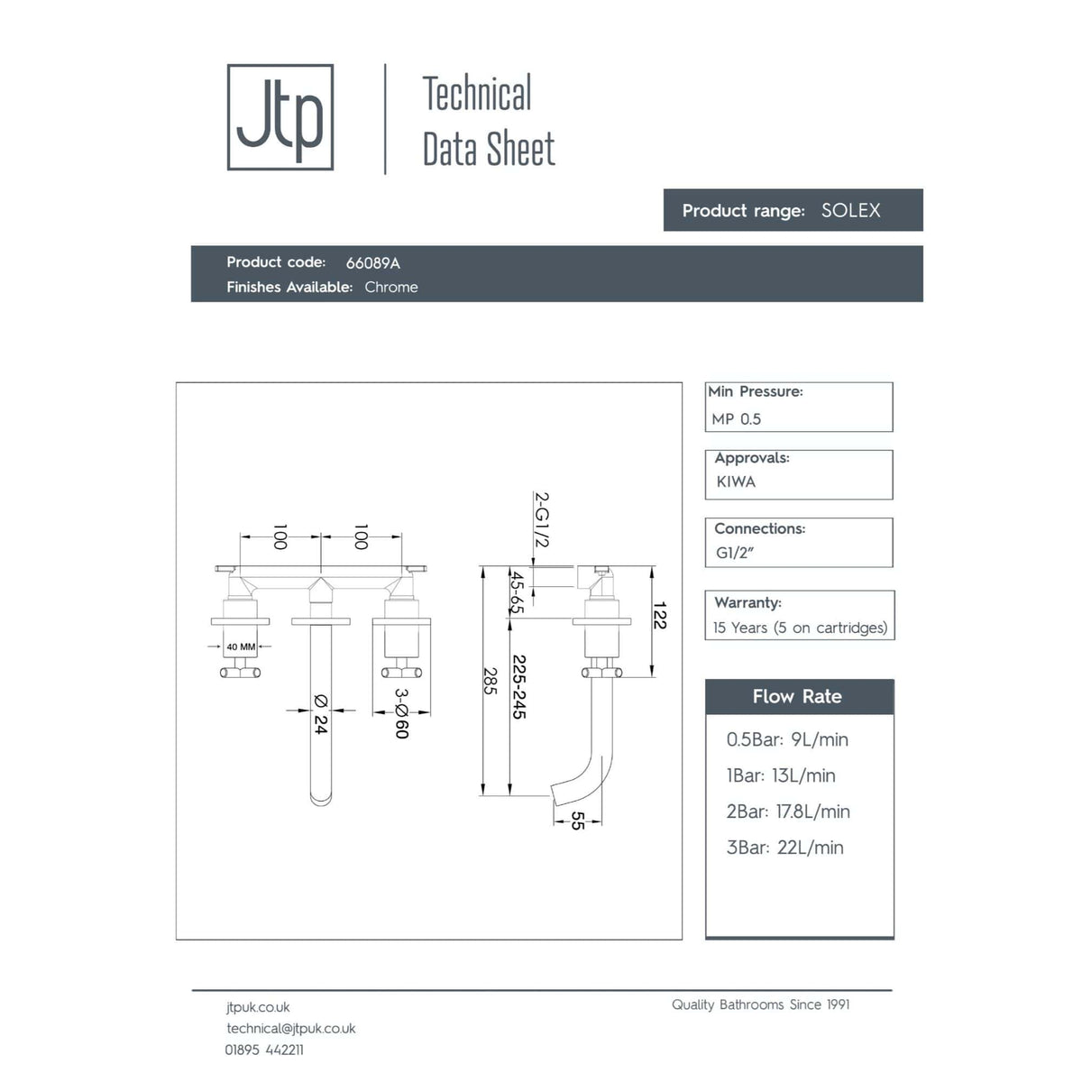 2. High-resolution technical drawing of Bubly Bathrooms' SOLEX bathroom mixer tap with chrome finish, showing detailed measurements and installation dimensions.