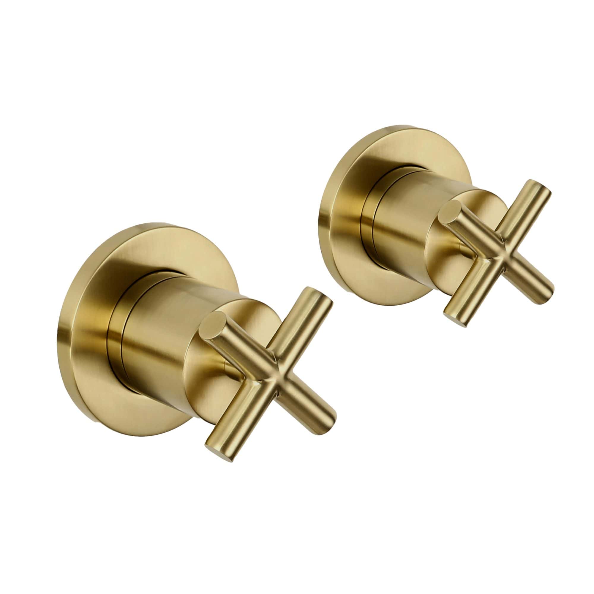 Brass wall-mounted bathroom sink handle set, modern minimalist design for luxury bathrooms, high-quality fixtures for tap control, stylish gold finish.