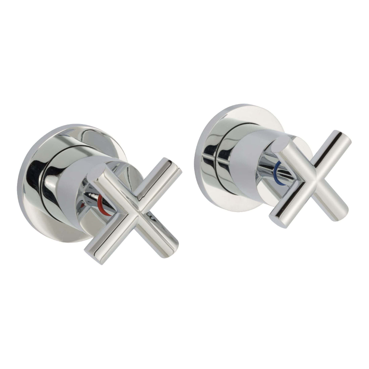 Polished chrome bathroom tap handles with cross-shaped design, modern bathroom fixture for water control, sleek and stylish tap controls for baths and sinks.
