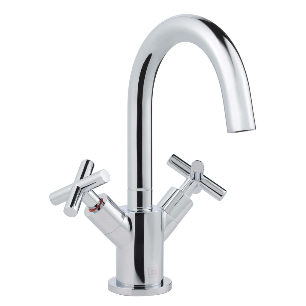 Sleek chrome kitchen or bathroom tap with dual levers and high-arc spout, ideal for modern fittings and fixtures.