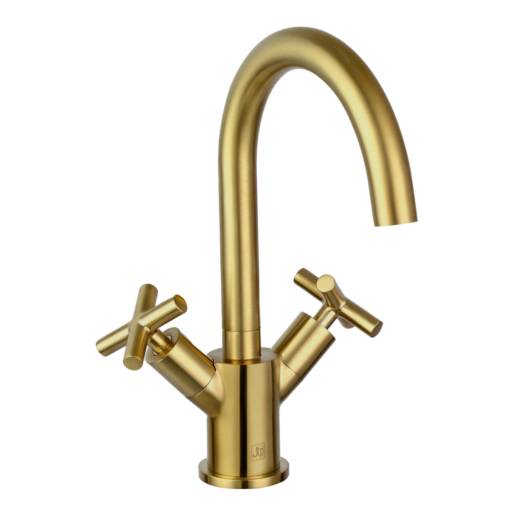 Brass kitchen tap, modern dual-handle sink faucet, brushed gold finish, high-arc spout, luxurious bathroom fixture for contemporary kitchens and bathrooms, Bubly Bathrooms.