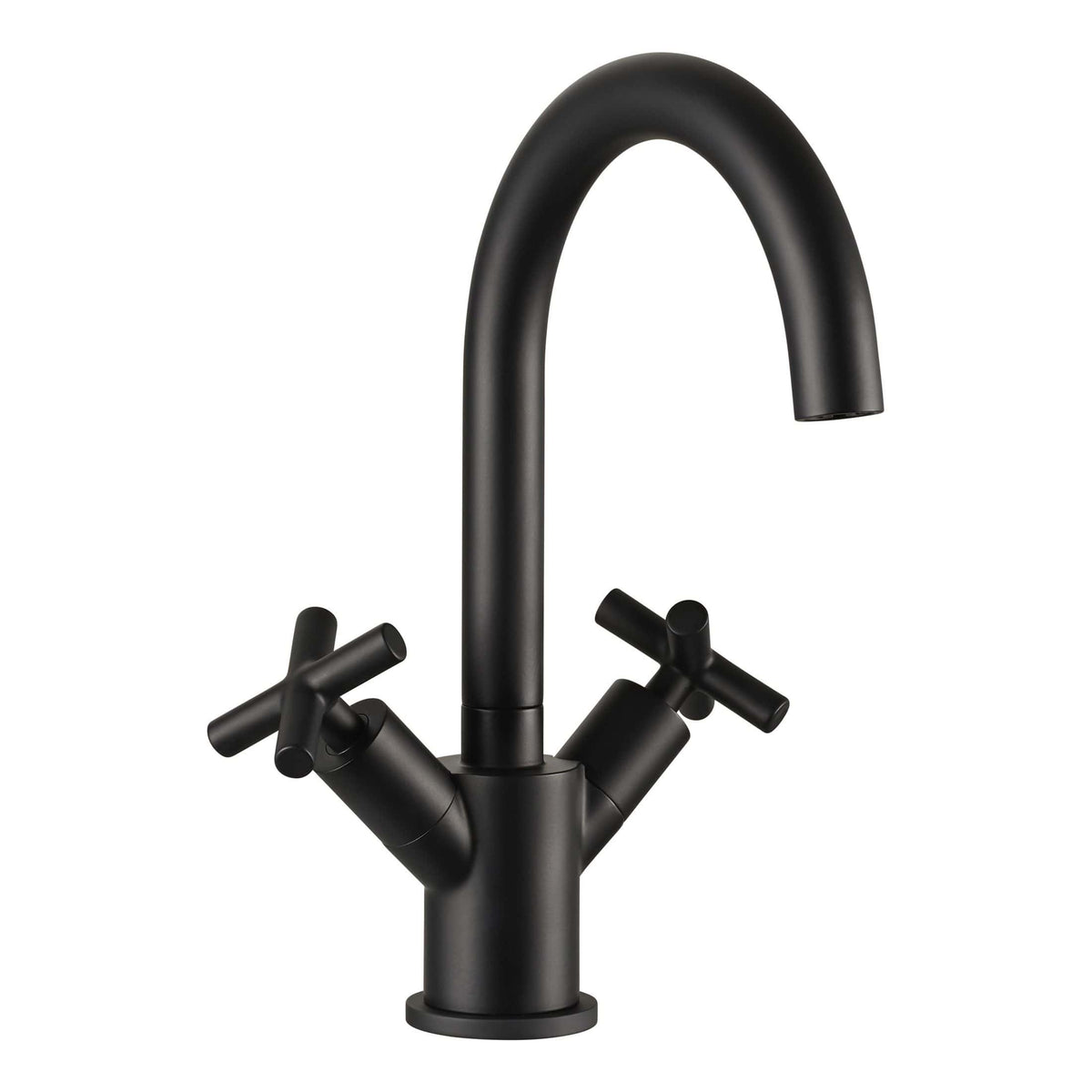 Sleek black kitchen tap with dual levers and high-arc spout, ideal for modern bathroom or kitchen renovation projects. Durable and stylish design for contemporary bathrooms.