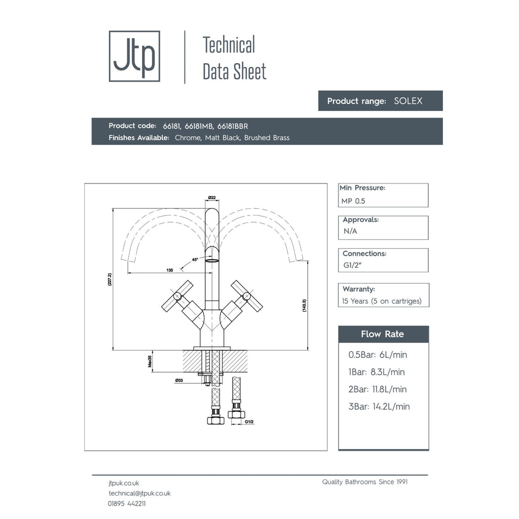 Chrome-finish kitchen tap with dual handles, flexible spout, and G1/2 connection, ideal for modern kitchens, durable metal construction, and suitable for high water flow.