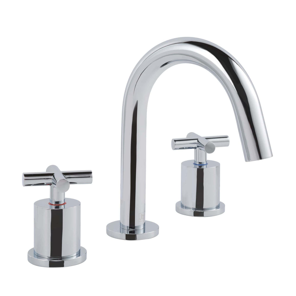 Brushed chrome bathroom mixer tap with dual handles, modern design for kitchen or bathroom sink. Durable, stylish, and easy to operate for everyday use. Perfect for contemporary bathroom decor.