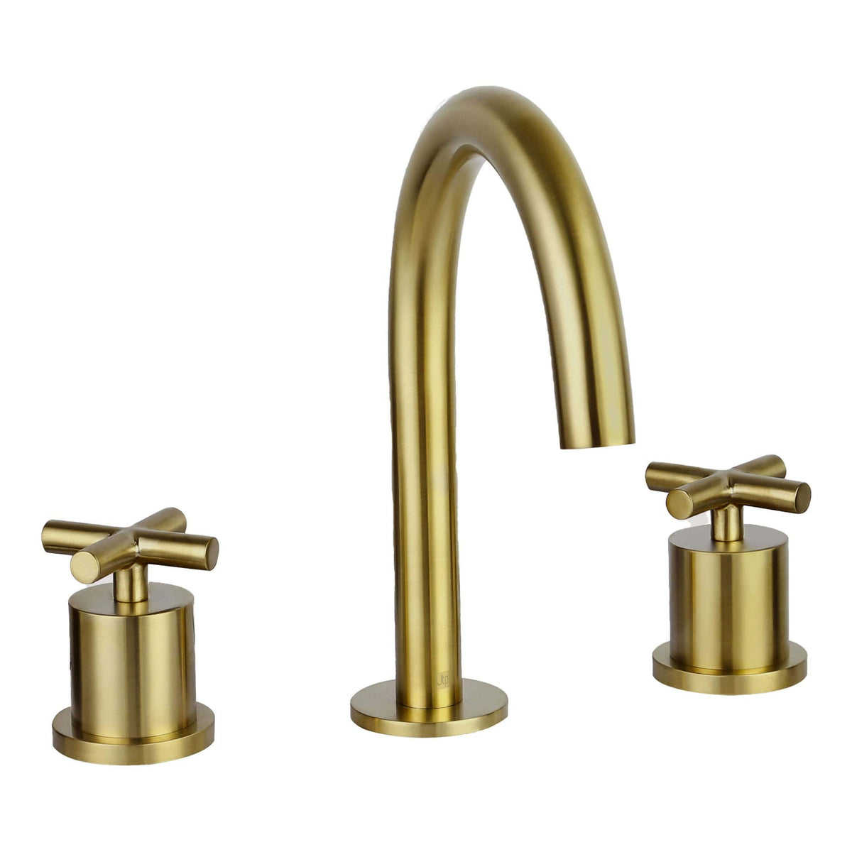 Sleek gold bathroom tap set with curved spout and dual handles, perfect for modern bathroom designs. Crafted with high-quality materials for style and durability.