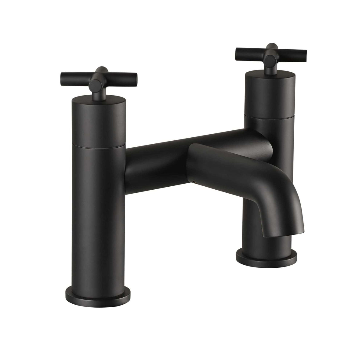 Black matte bathroom mixer tap with dual handles for hot and cold water, modern design, suitable for contemporary bathroom interiors. High-quality fixtures from Bubly Bathrooms.