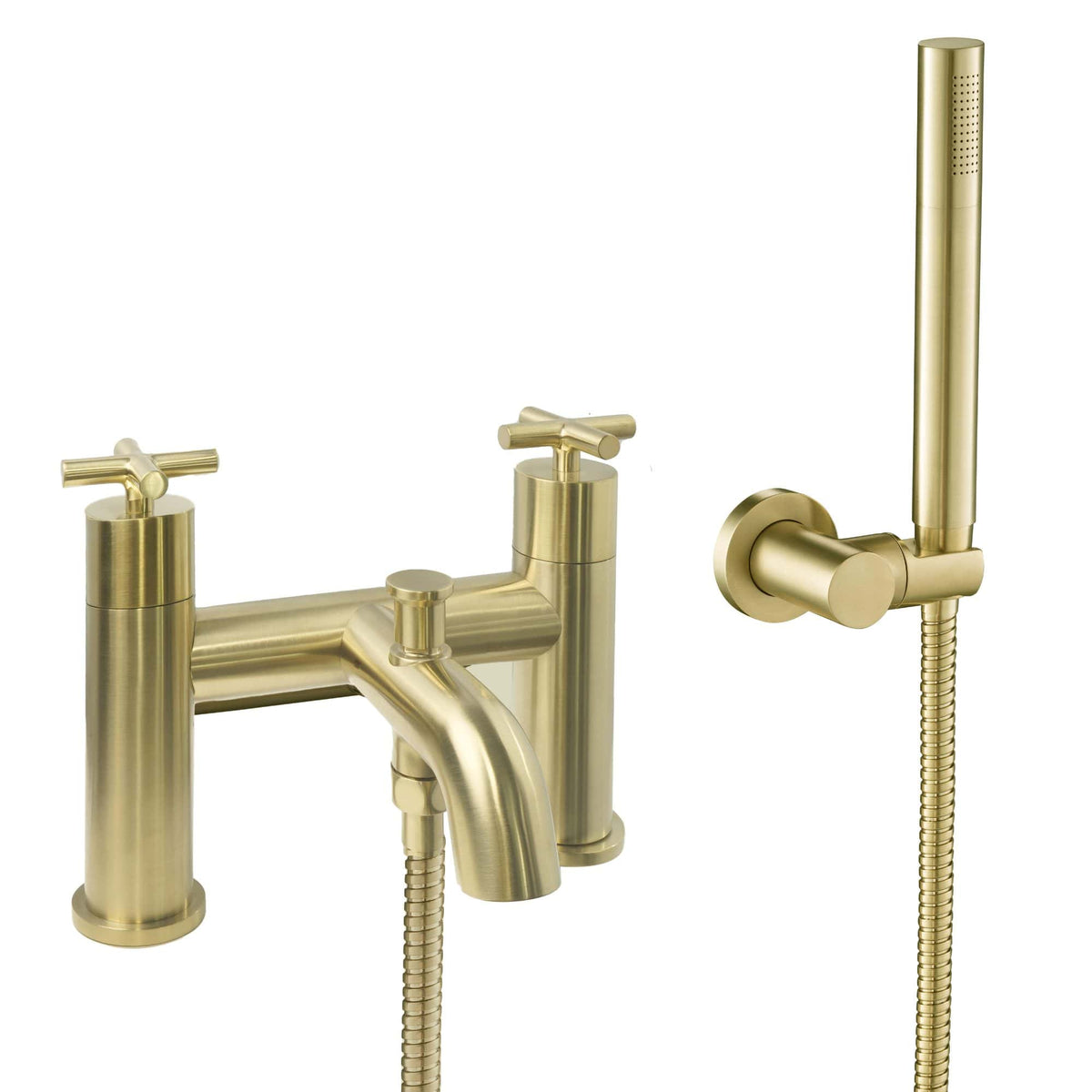 Polished gold bath mixer tap with handheld shower and flexible hose, ideal for modern bathroom renovation and luxury bathtub setups. Durable, stylish, and easy to install.