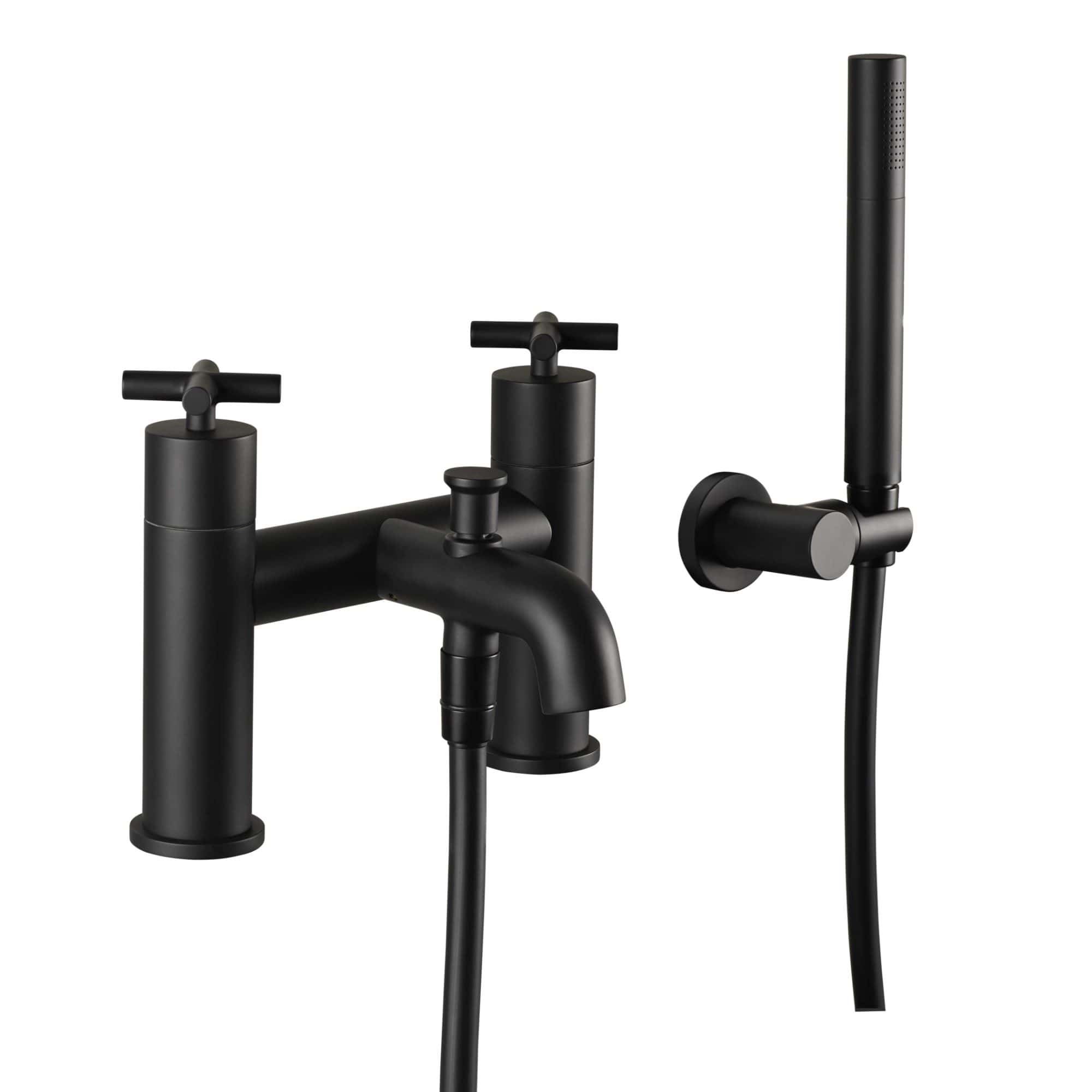 Brushed black bathroom tap set with matching handheld shower, modern minimalist design for stylish contemporary bathrooms. Perfect for upgrading your bathroom’s appearance and functionality.