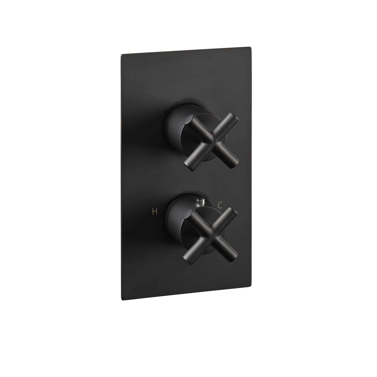 Modern black shower valve with dual controls for temperature and flow, sleek design perfect for contemporary bathrooms.