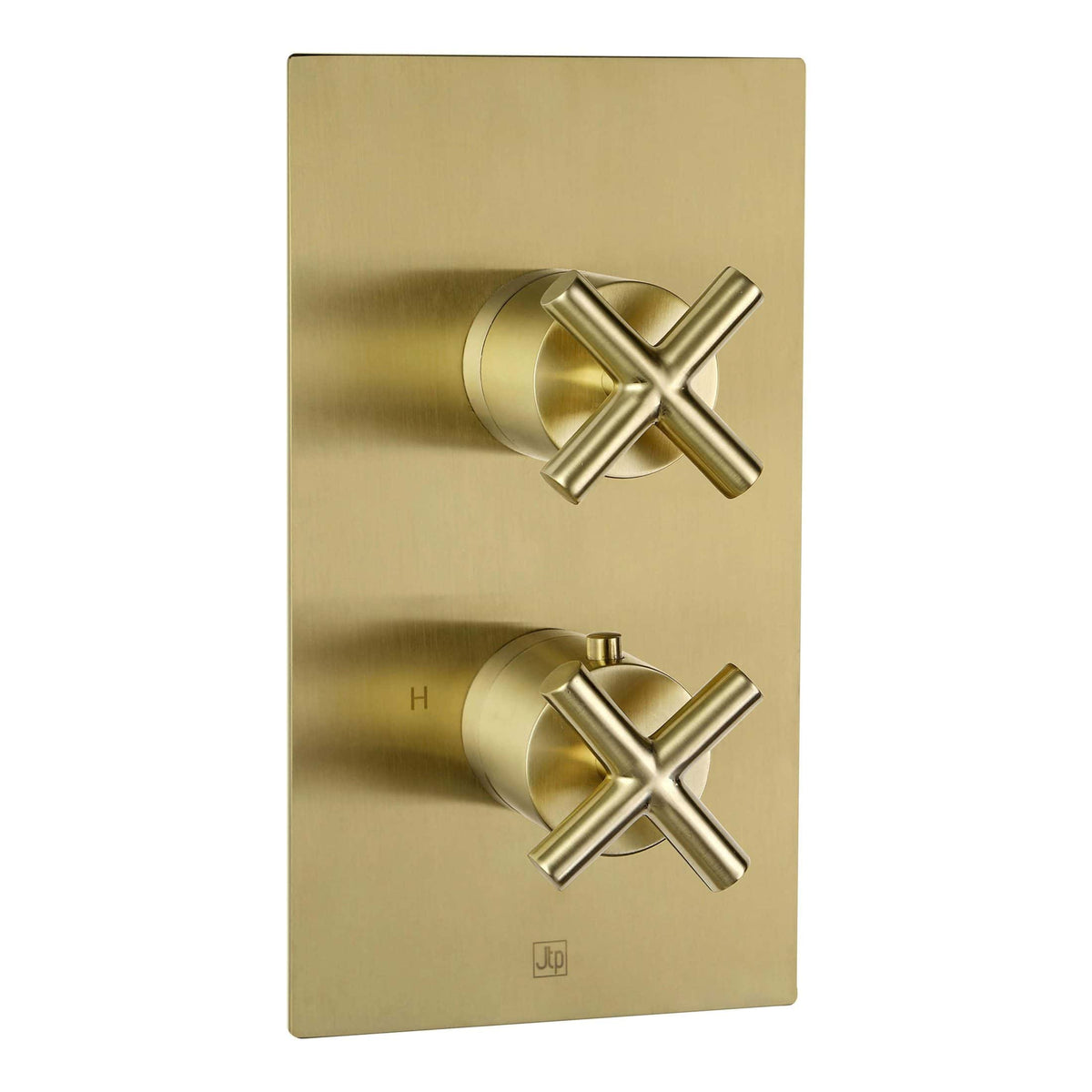 Brass bathroom mixer tap with dual handles on a gold-finish wall plate, modern design for luxurious bathroom decor.