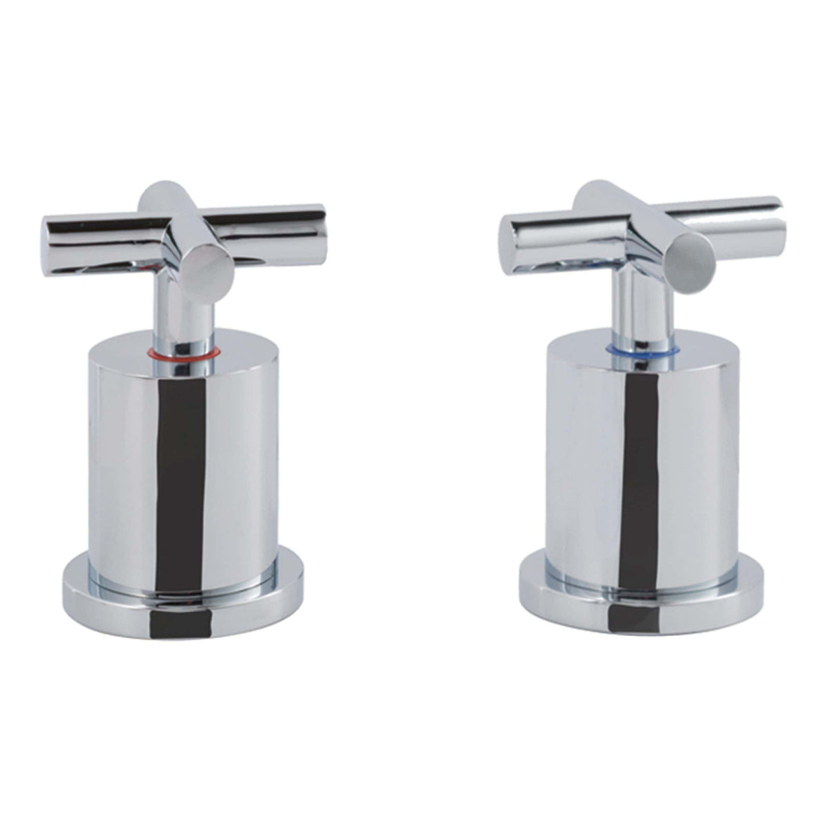 Polished chrome bathroom tap set with modern cross-shaped handles, ideal for contemporary bathroom basin installations. Durable and stylish design enhances bathroom aesthetics and functionality.