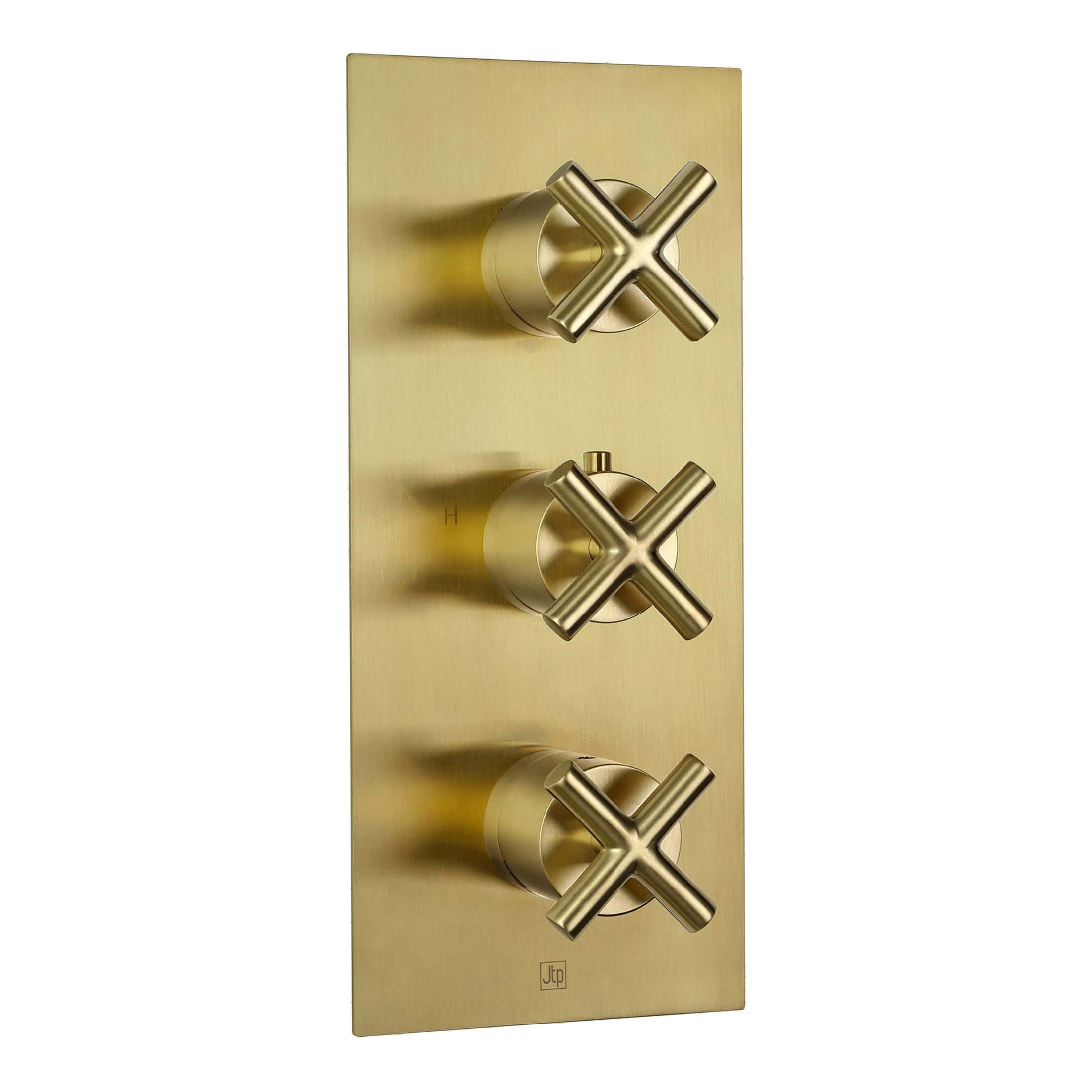 Luxury brass thermostatic shower valve with three controls in a modern, sleek design. Perfect for contemporary bathrooms, offering precise temperature control and elegant finish. Suitable for stylish bathroom renovation.