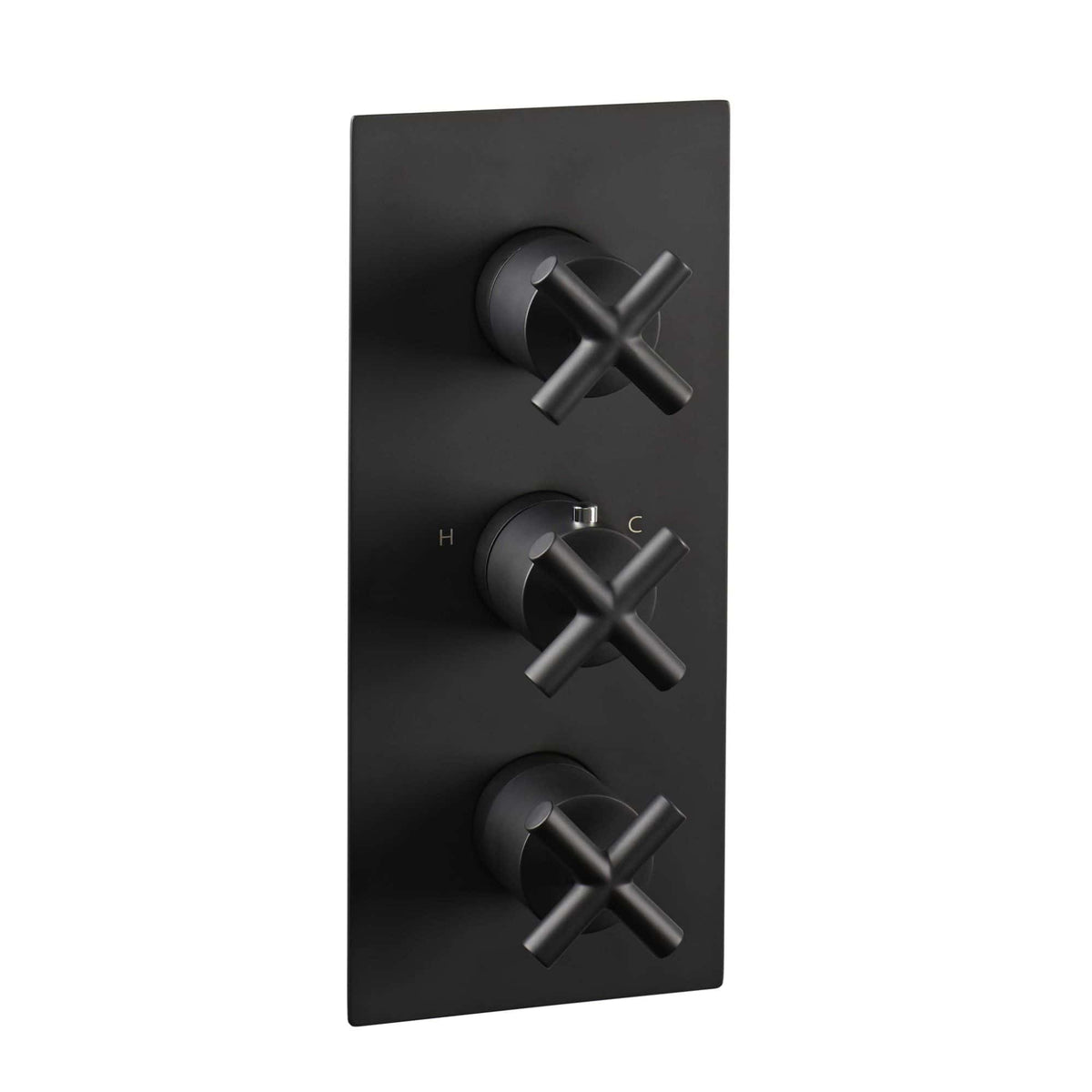 Sleek black thermostatic shower valve with three controls, modern design, ideal for contemporary bathrooms, ensuring precise water temperature and flow management. Suitable for use in upscale bathroom installations.