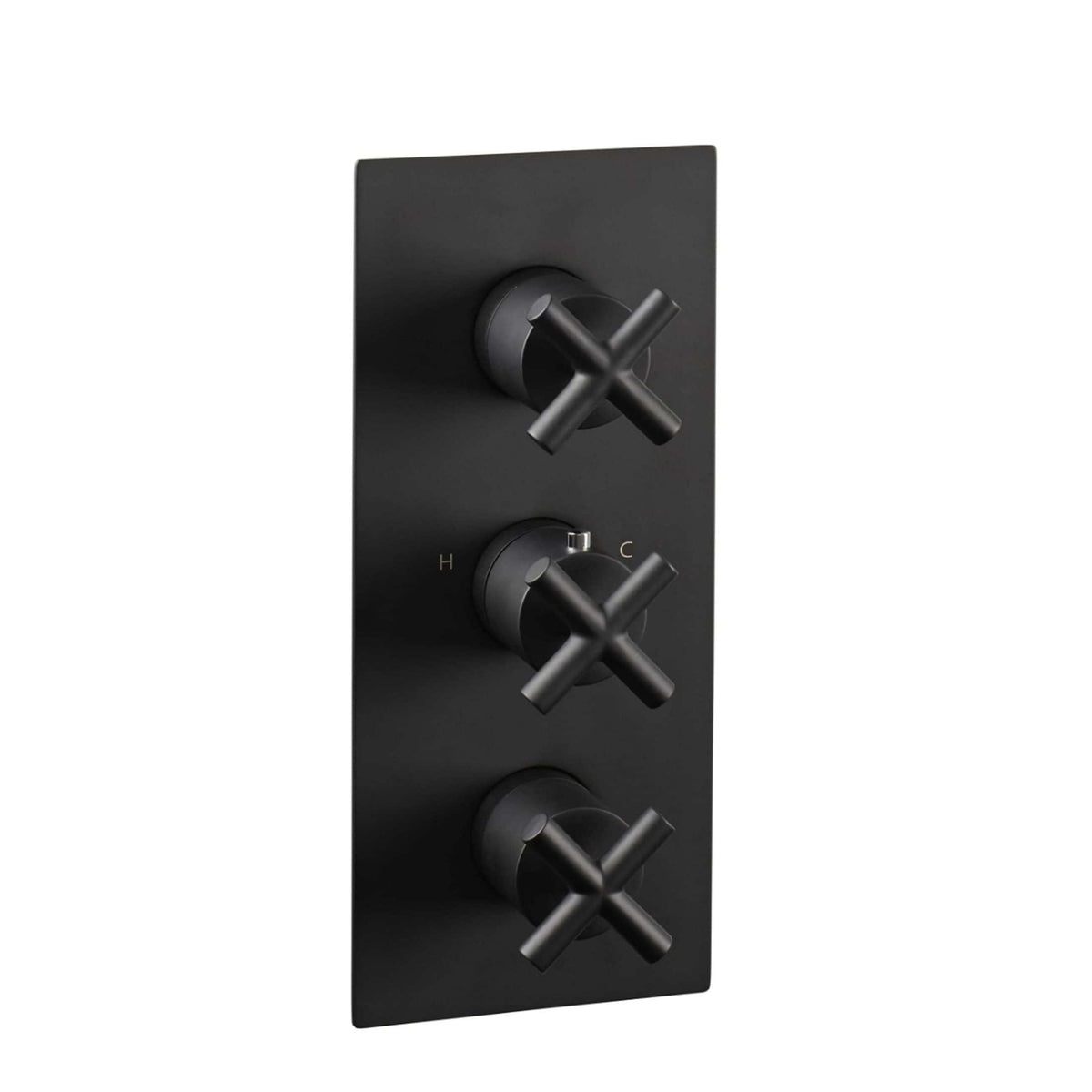 Sleek black digital thermostatic shower control panel with three adjustable dials for precise temperature and flow management, perfect for modern bathroom remodels.