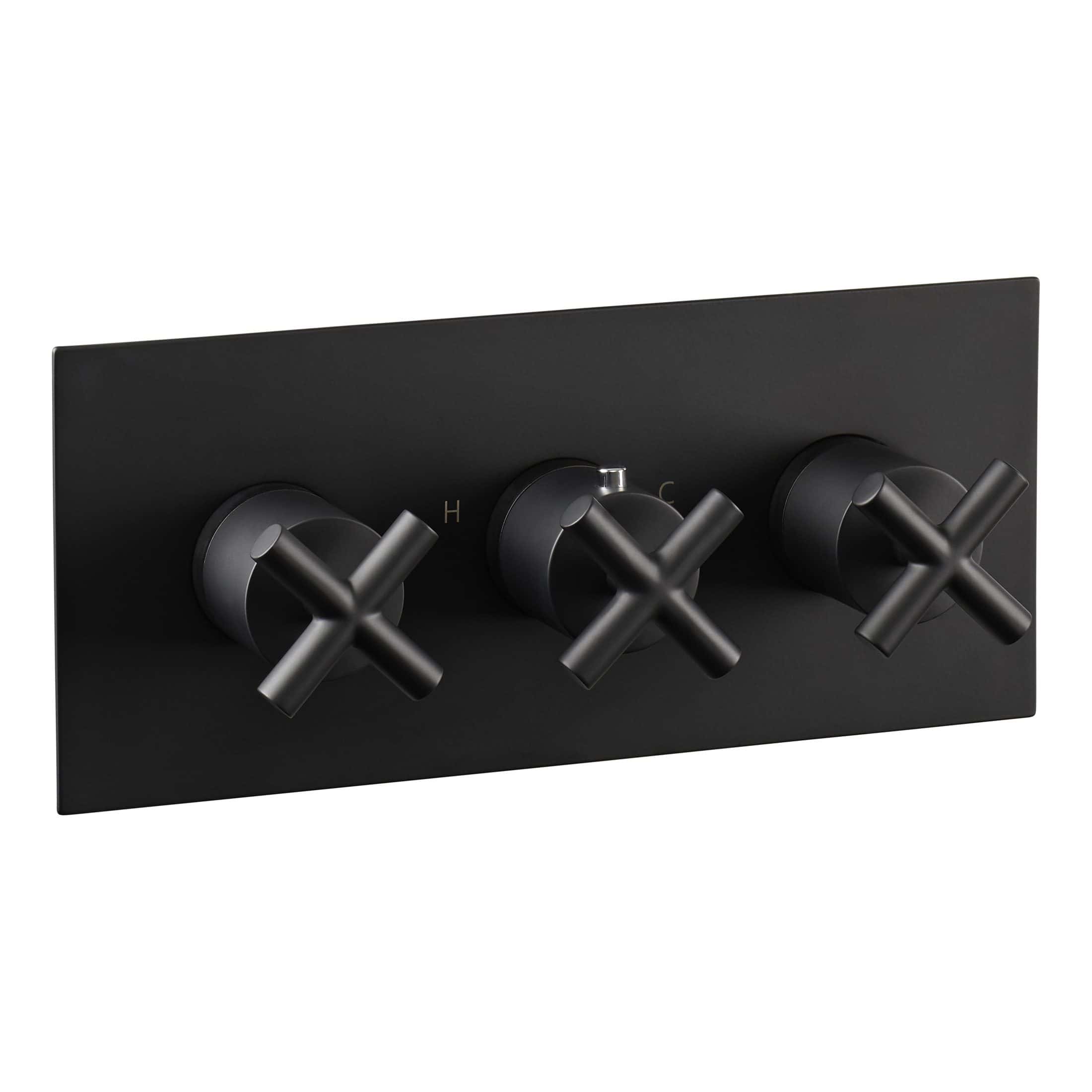 Sleek black thermostatic shower control panel with three cross handles, modern bathroom fixture for precise temperature and flow adjustment, perfect for contemporary Bubly bathrooms.