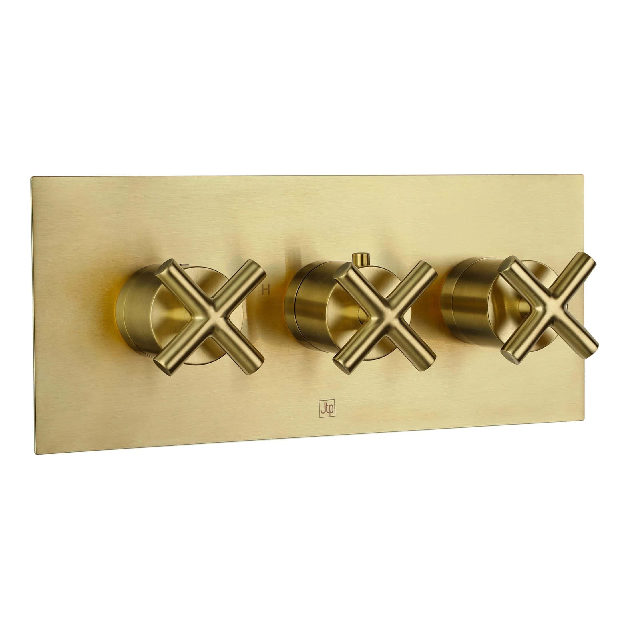 Brass three-handle diverter valve for bathroom shower or bath installation, wall-mounted with modern cross handles and a sleek rectangular backplate, designed for ease of use and stylish bathroom decor.