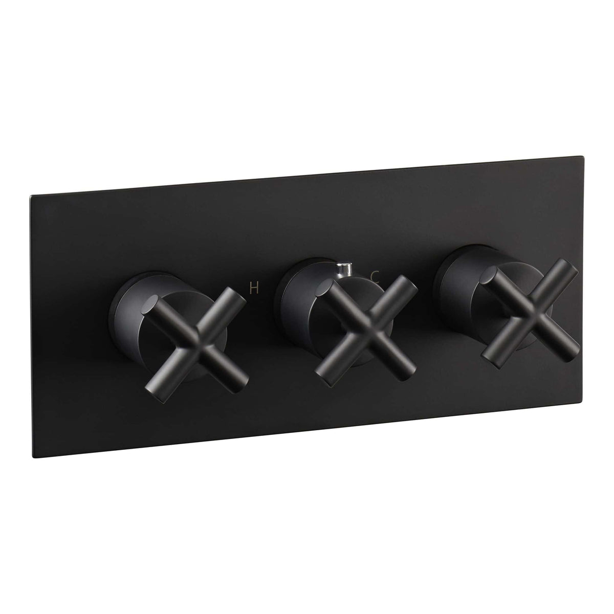 Modern black thermostatic shower valve with three control knobs for precise temperature and flow adjustment, designed for contemporary bathrooms.