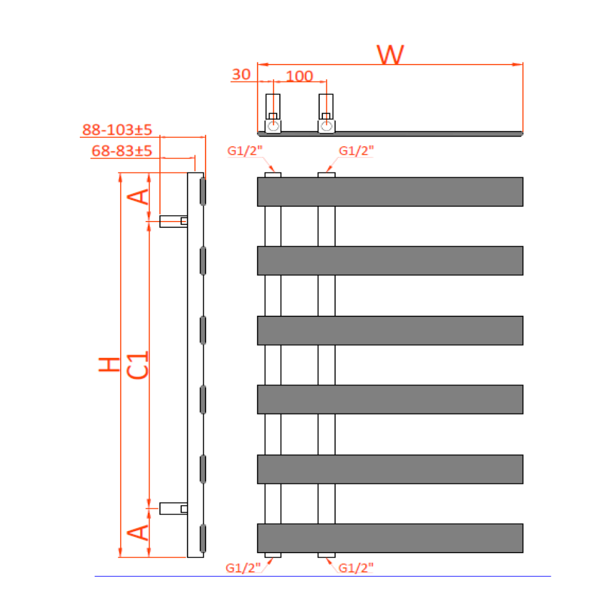 Reina Florina Brushed Brass Heated Towel Rail - technical drawing with dimensions