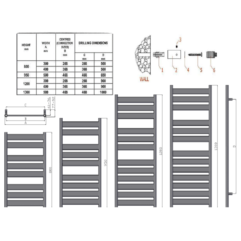 Reina Carpi Chrome Heated Towel Rail - technical drawing with dimensions