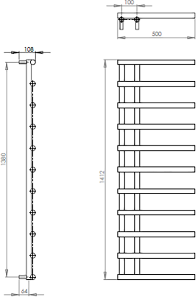 Reina Matera Brushed Brass Heated Towel Rail - technical drawing with dimensions