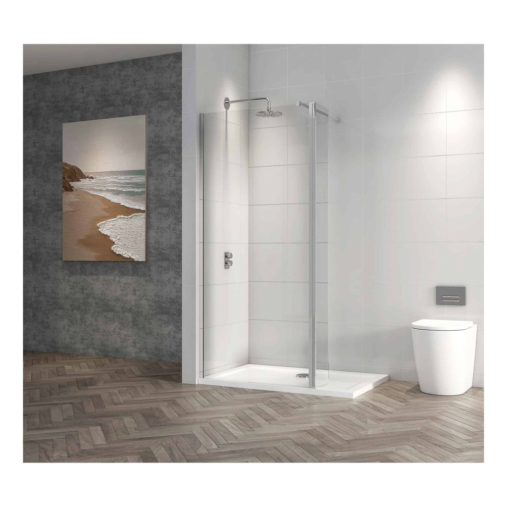 Modern bathroom with walk-in shower and sleek toilet, featuring minimalist design, white tiles, and contemporary fixtures for a clean and stylish look.