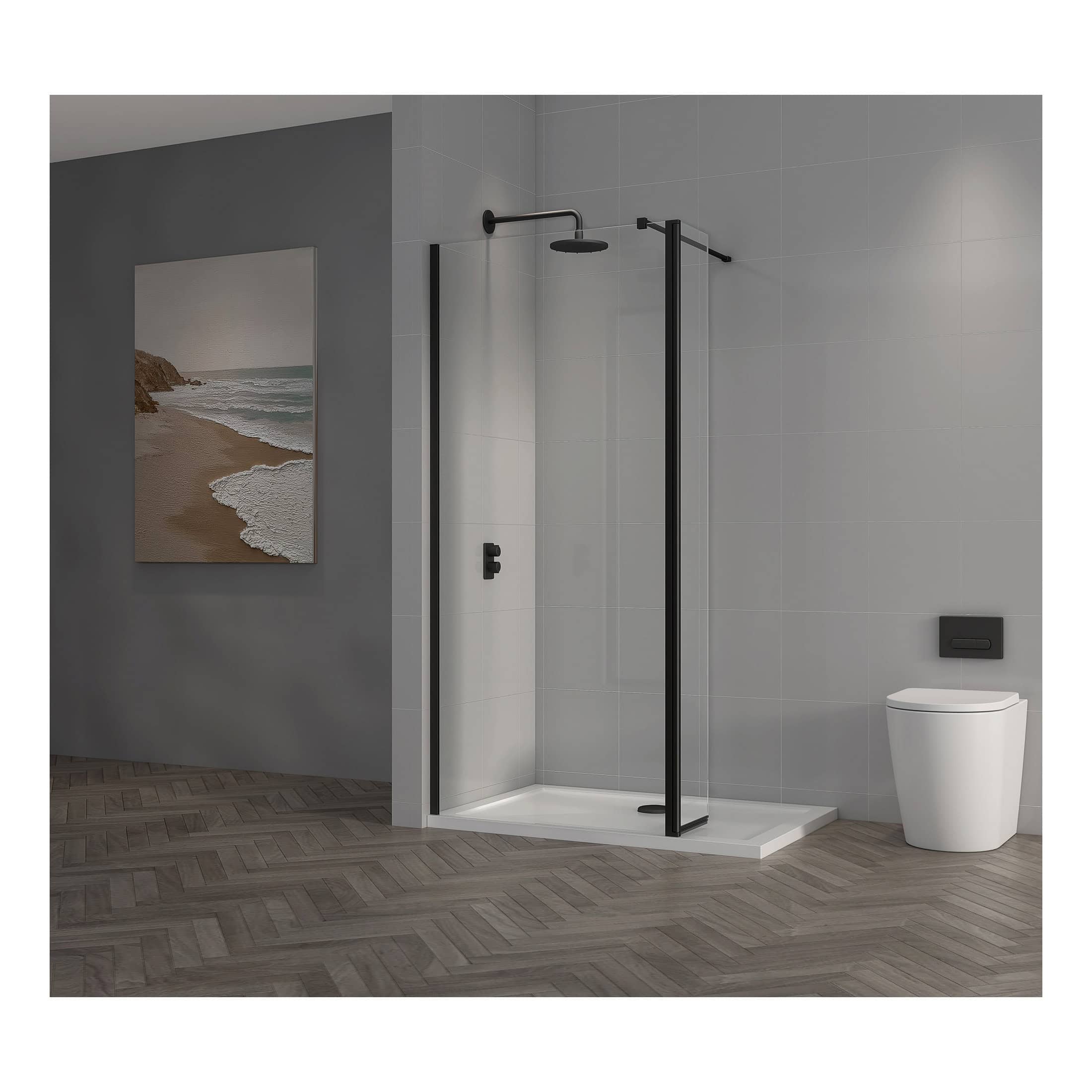 Contemporary walk-in shower with black framing, minimalist white toilet, grey tiled walls, and stylish wooden flooring, perfect for modern bathroom designs.