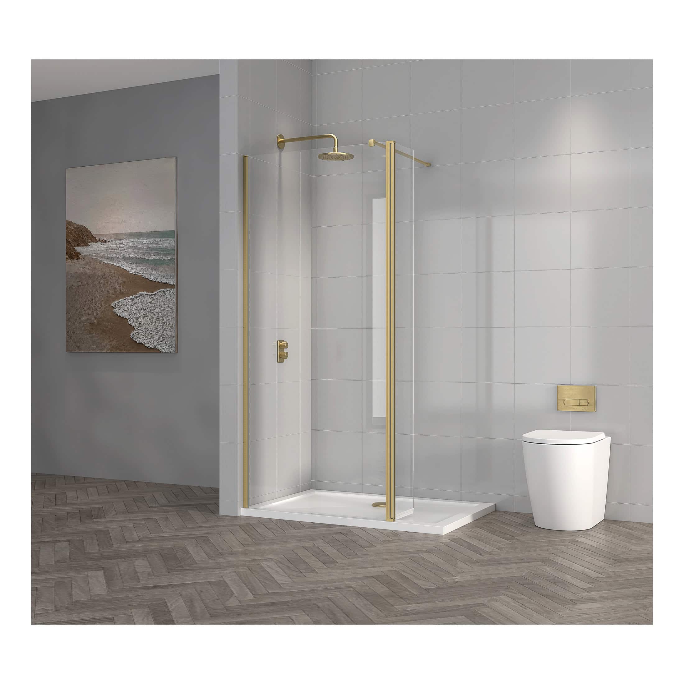 Polished modern bathroom featuring a sleek walk-in shower with gold fixtures and a contemporary white toilet; stylish, minimalist bathroom design by Bubly Bathrooms.