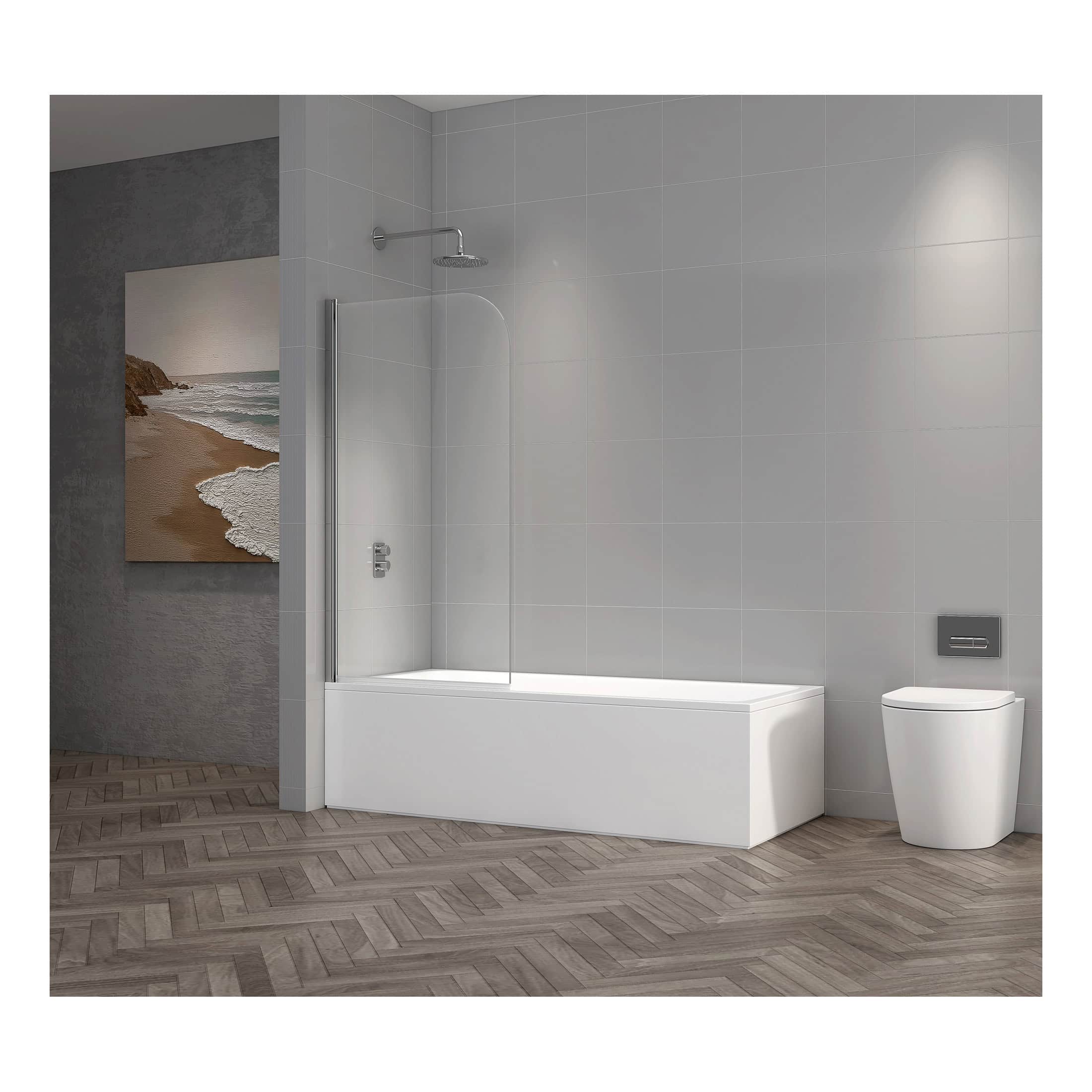 Contemporary white bathtub with shower screen and modern toilet in sleek bathroom with grey tiled walls and wooden flooring, ideal for stylish bathroom renovations and minimalist design.