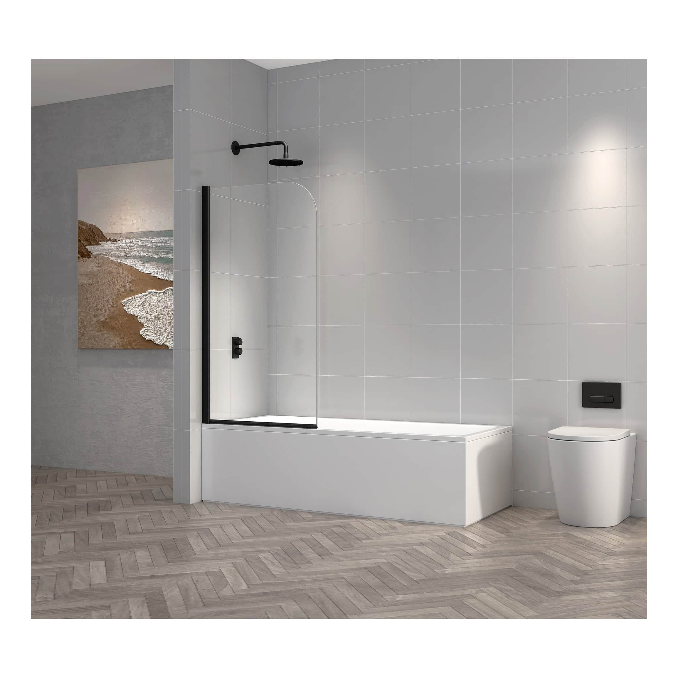 Sleek modern bathroom with walk-in shower and contemporary toilet, featuring minimalist design, black fixtures, and a neutral colour palette for stylish bathroom renovations.