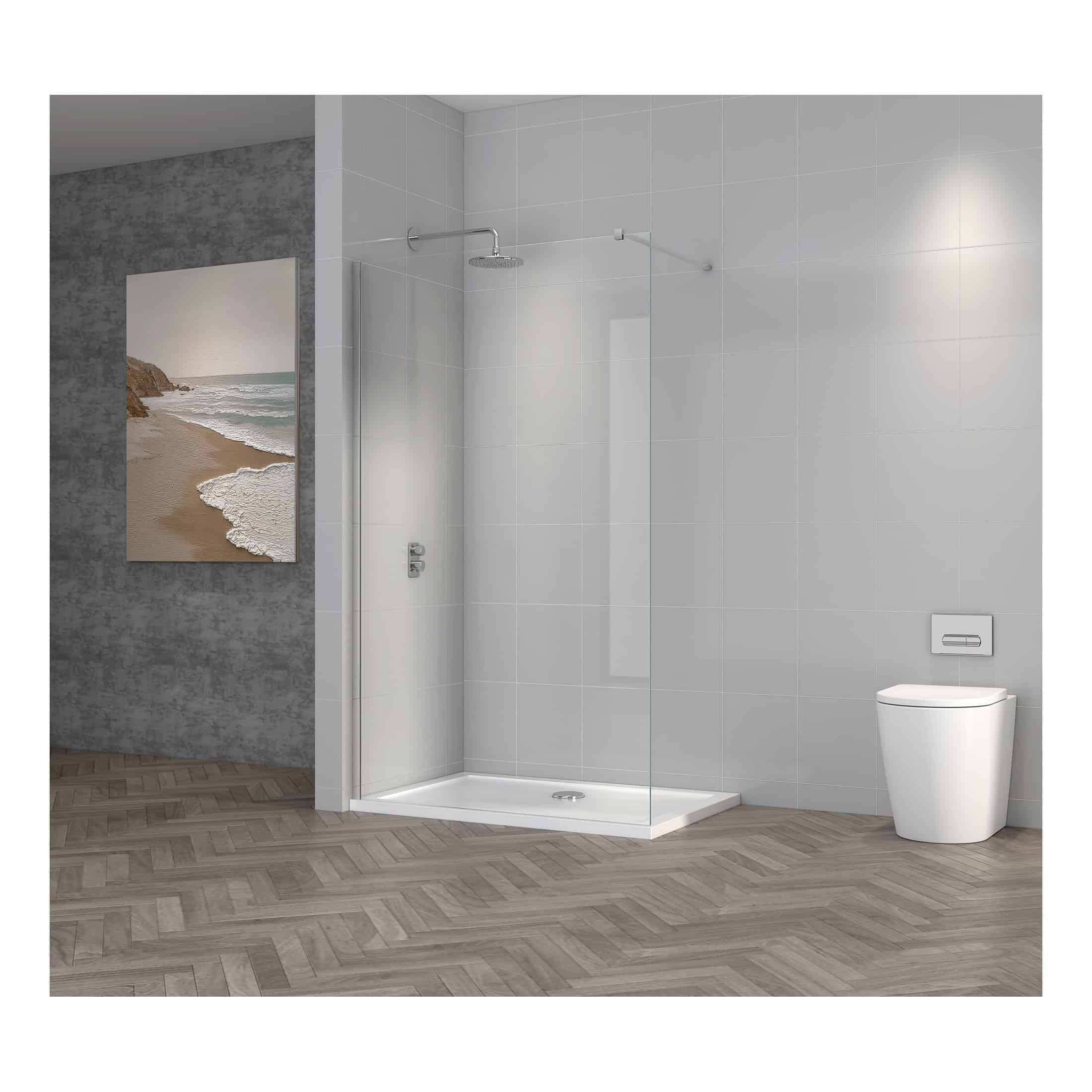 Sleek modern walk-in shower with glass enclosure and wall-mounted rainfall showerhead in a contemporary bathroom.