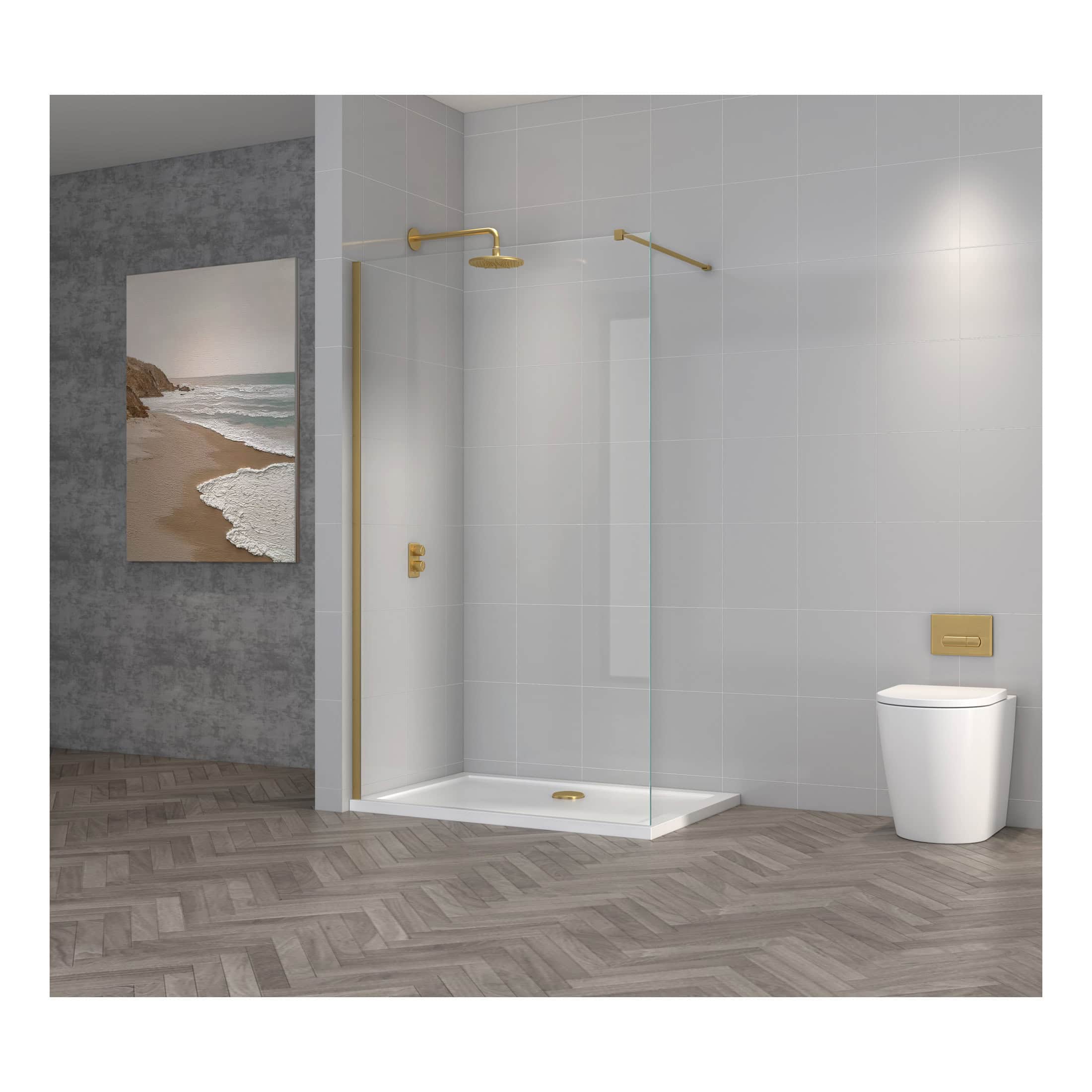 Modern walk-in shower with sleek glass enclosure and stylish brass fixtures in a contemporary bathroom.
