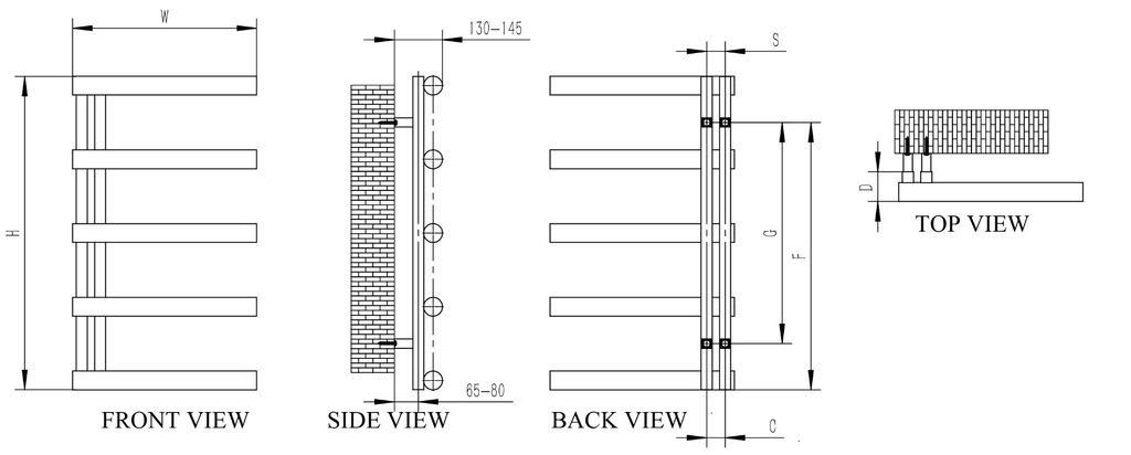Reina Grosso Polished Stainless Steel Heated Towel Rail - technical drawing with dimensions