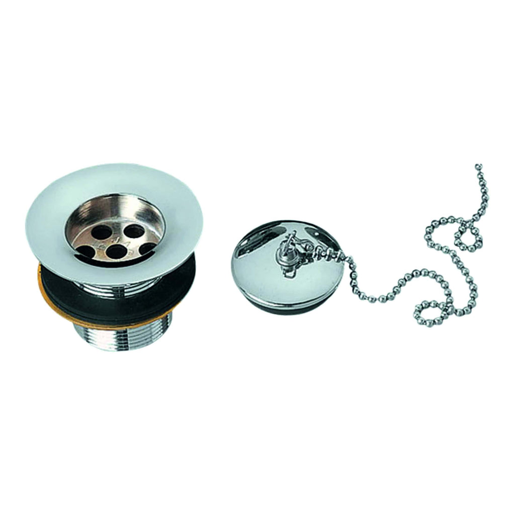 Siphon drain assembly with metal chain and stopper, perfect for bathroom sink drainage solutions, featuring high-quality chrome finish and easy installation.