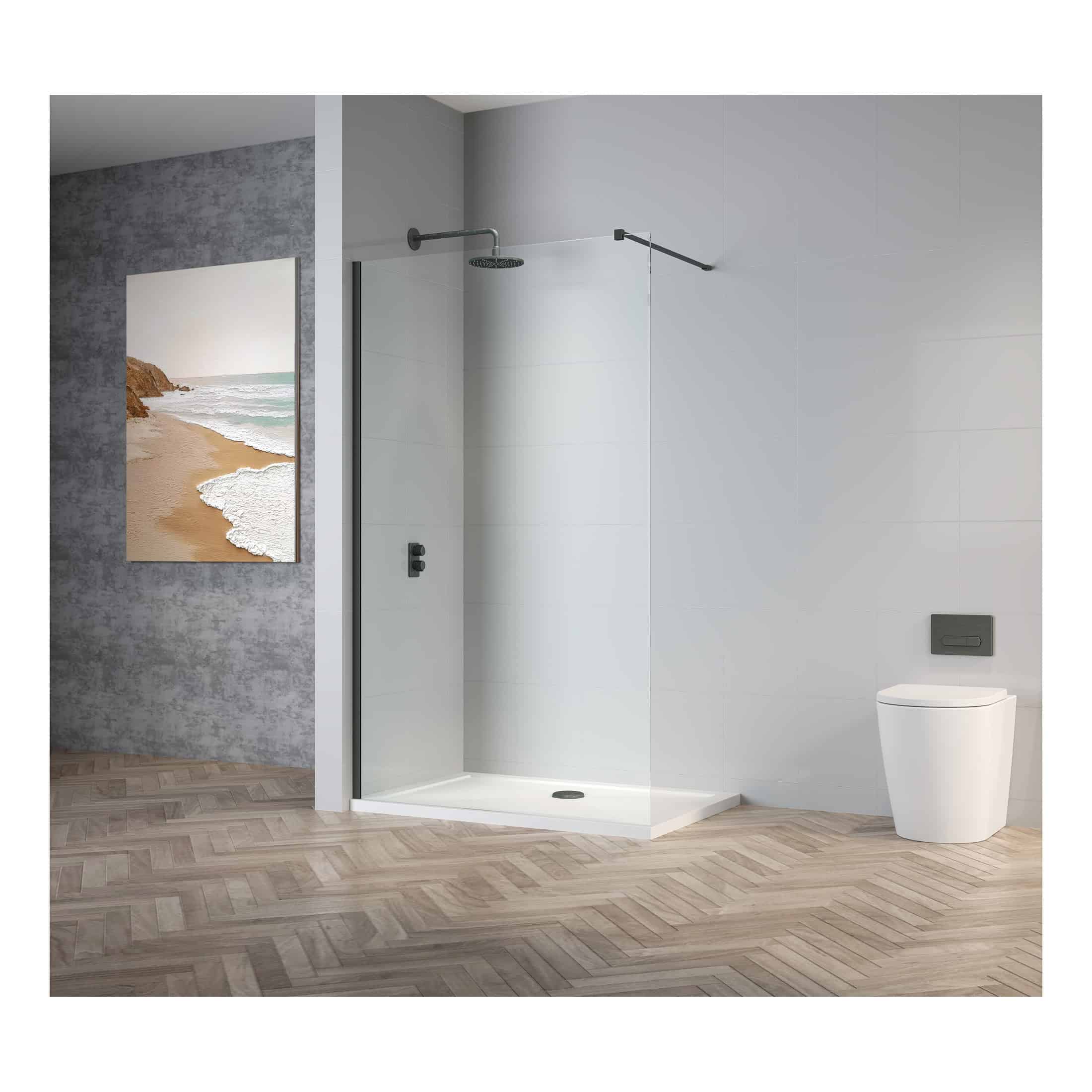 Sleek walk-in shower with glass enclosure and modern fixtures in a contemporary bathroom setting. Featuring minimalist design, neutral colours, and quality fittings for a stylish bathroom upgrade.