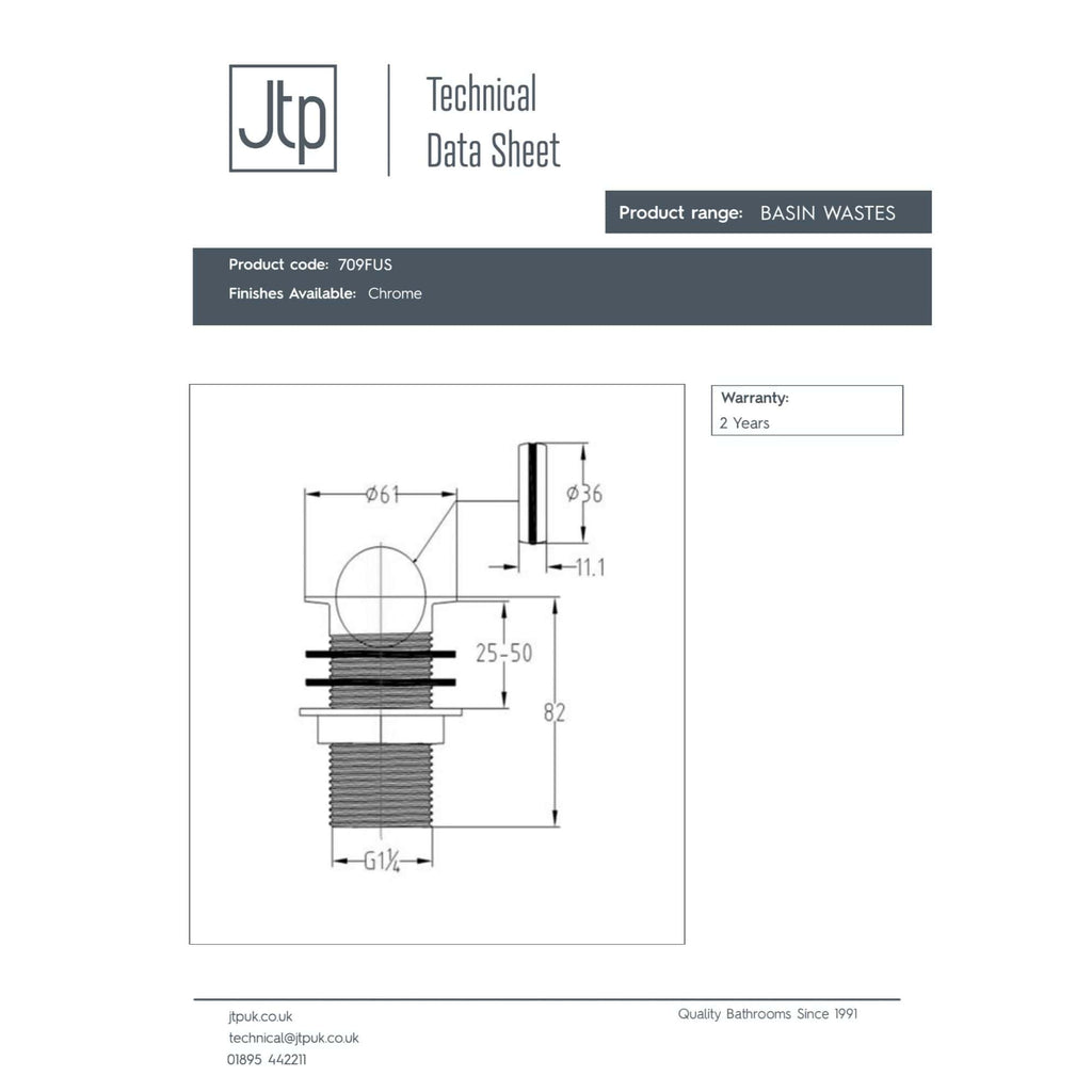 High-quality technical drawing of a bathroom basin waste fitting with dimensions and chrome finish, suitable for plumbing and bathroom installation projects.