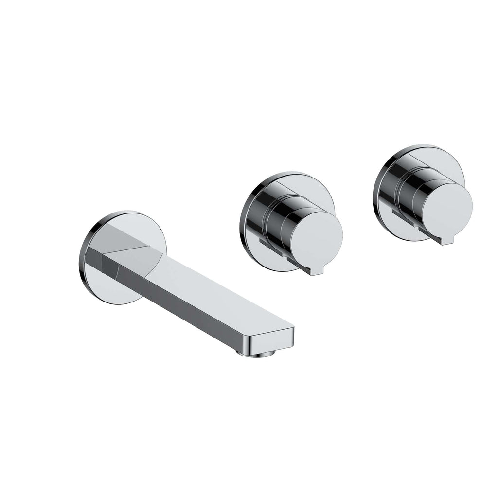 Shiny chrome wall-mounted bathroom tap with two round control knobs for hot and cold water.