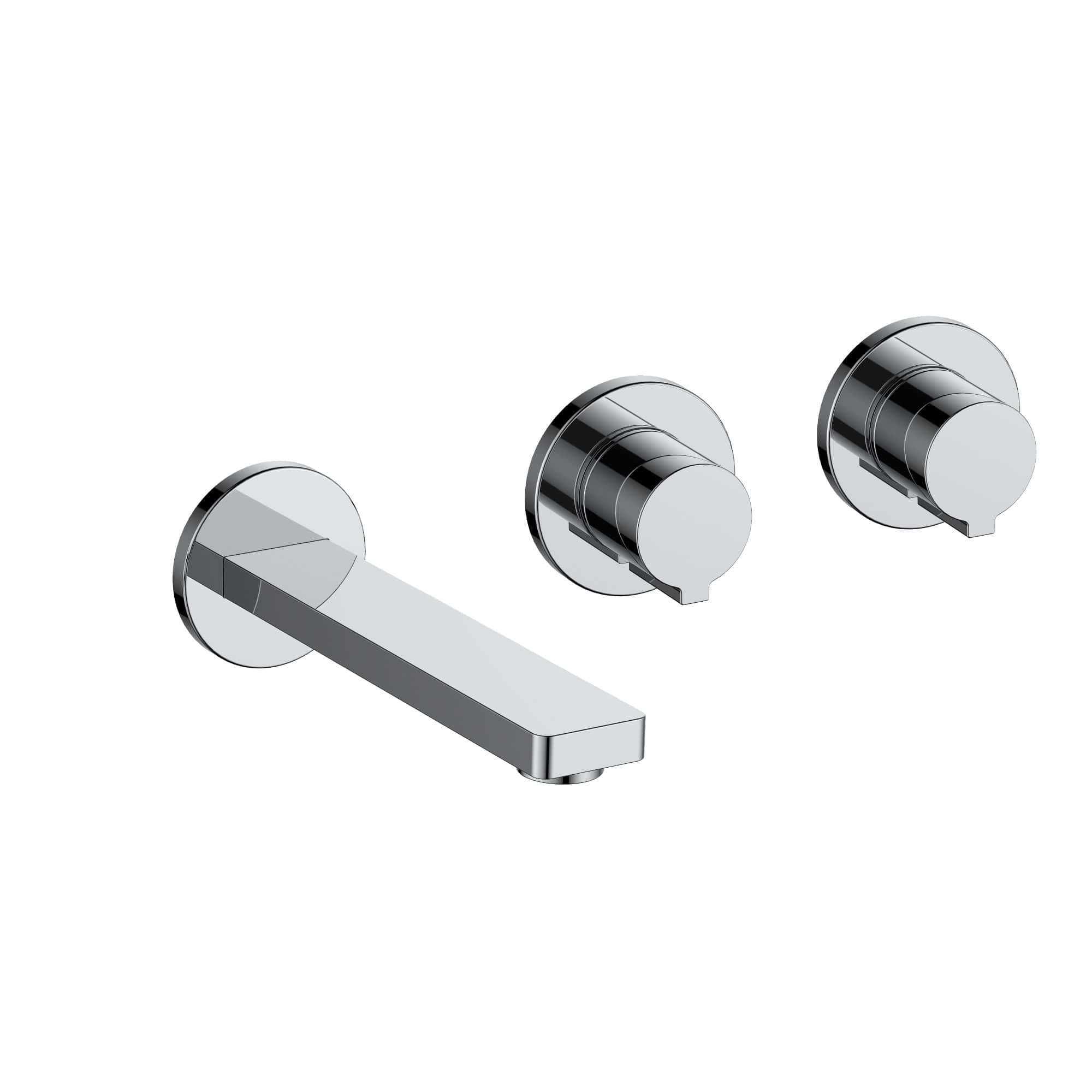 Shiny chrome wall-mounted bathroom tap with two round control knobs for hot and cold water.