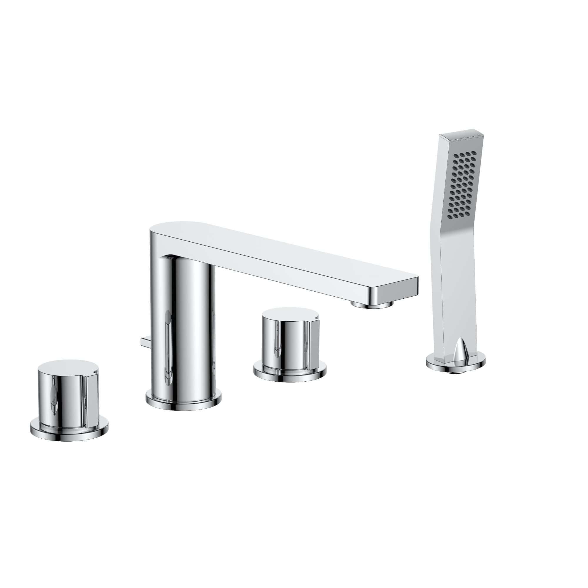 Sleek chrome bathroom tap and faucet set with modern design, including a basin mixer, separate tap handles, and a hand shower head,Perfect for contemporary bathroom upgrades.