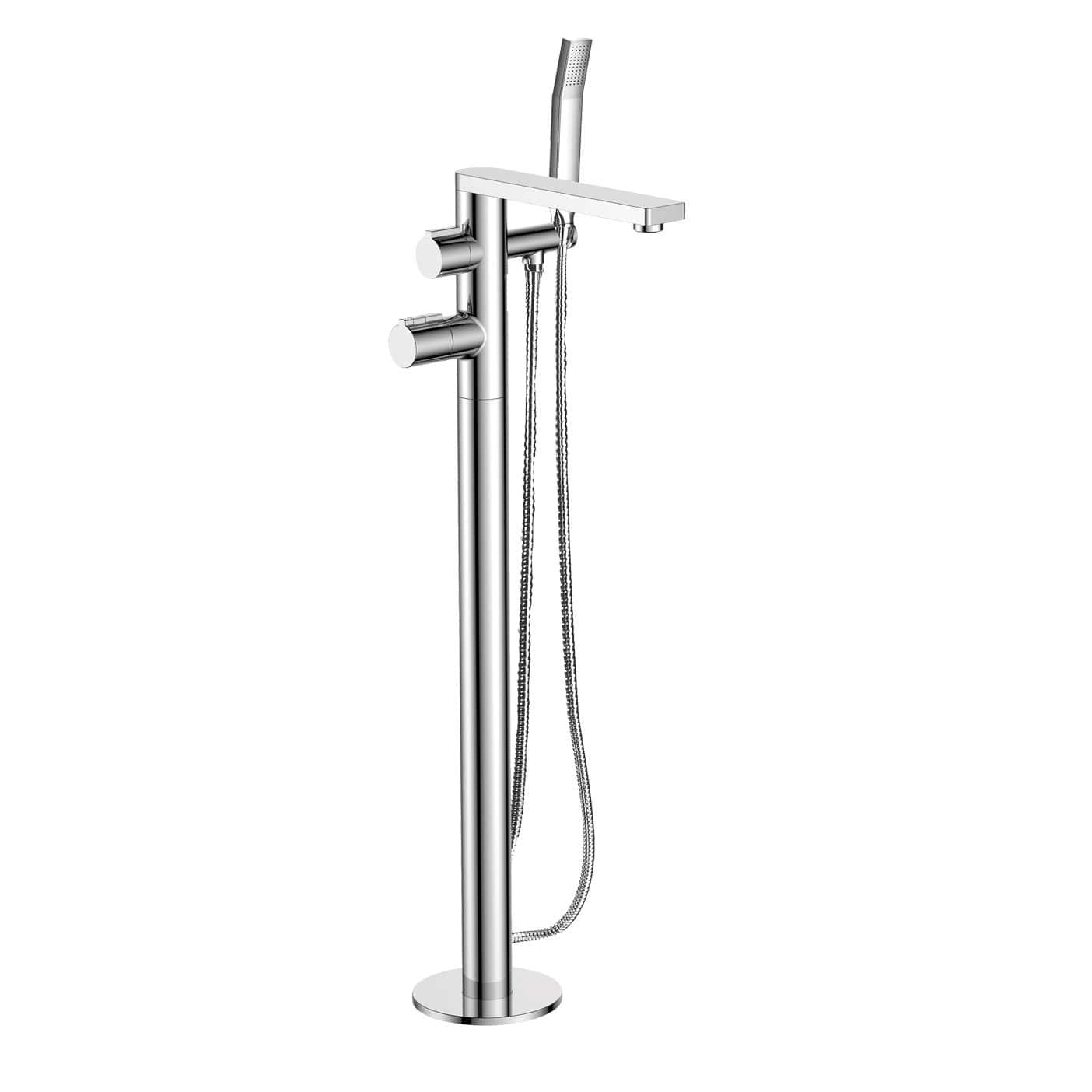 Modern freestanding bath shower mixer with handheld shower head and multiple control knobs, chrome finish, ideal for contemporary bathroom designs.