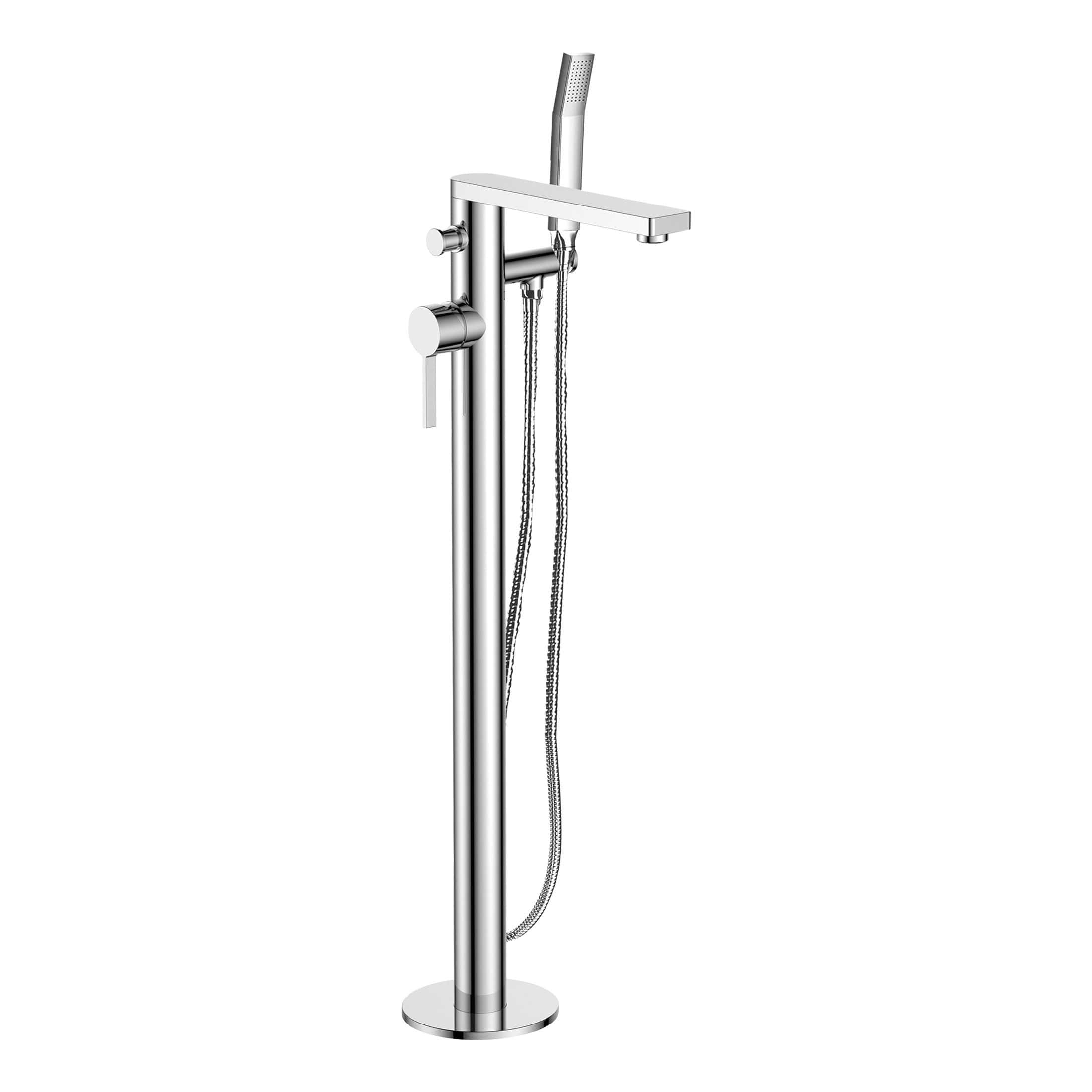 Sleek modern freestanding bathroom shower column with handheld shower head, designed for contemporary bathrooms, featuring chrome finish and user-friendly controls.