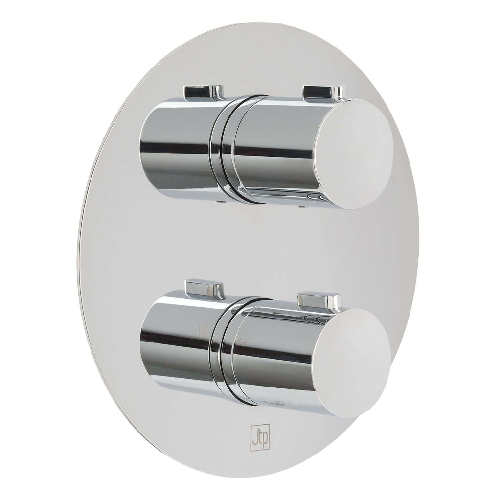 Polished chrome shower valve controls on a white bathroom wall, modern thermostatic rain shower mixer, sleek design for stylish bathroom upgrades, high-quality bathroom fixtures.
